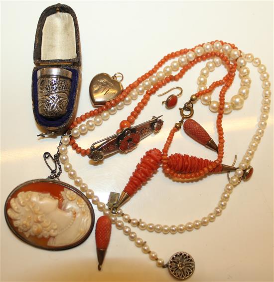 2 prs Victorian coral drop earrings, diamond set locket, etc